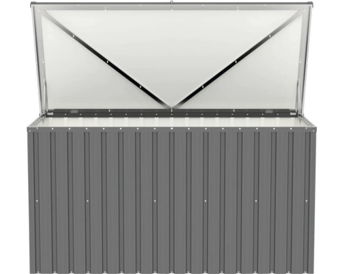 Geöffnete, graue Aufbewahrungsbox mit Metalldesign