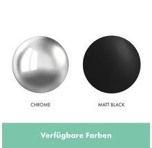 Produktabbildung zeigt zwei Kugeln zur Darstellung der verfügbaren Oberflächenausführungen Chrom und Matt Schwarz.