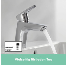 Einhebel Waschbeckenarmatur mit Wasserstrahl und Symbol für Normalstrahl.