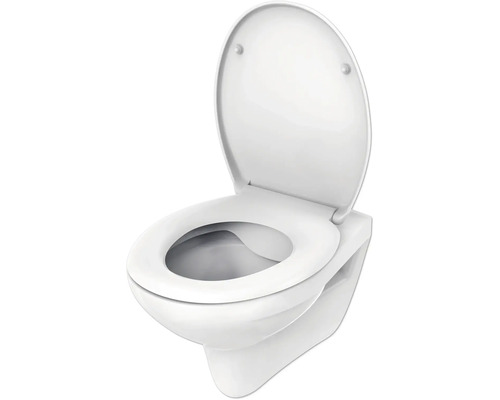 WC suspendu avec bride de rinçage ouverte et siège relevé