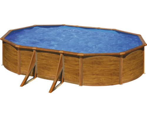 Ensemble de piscine hors sol à paroi en acier Gre ovale 634x575x122 cm avec groupe de filtration à sable, skimmer, échelle et sable de filtration aspect bois