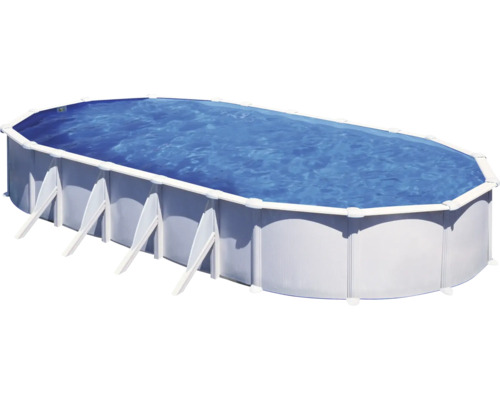 Ensemble de piscine hors sol à paroi en acier Gre ovale 920x670x132 cm avec groupe de filtration à sable, skimmer, échelle, sable de filtration et intissé de protection du sol blanc
