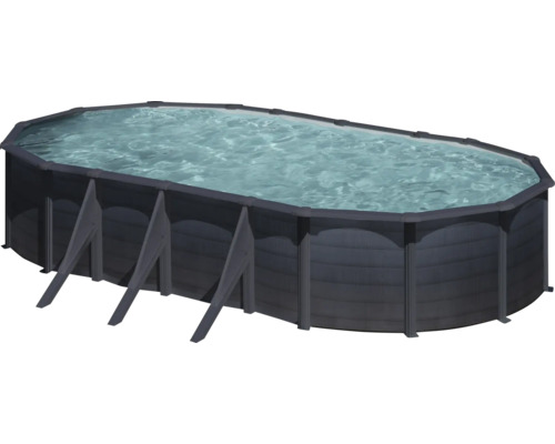 Ensemble de piscine hors sol à paroi en acier Gre ovale 744x575x122 cm avec groupe de filtration à sable, skimmer, échelle et sable de filtration gris