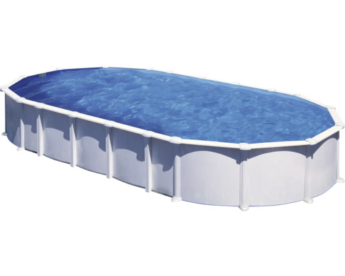 Ensemble de piscine hors sol à paroi en acier Gre ovale 1020x575x132 cm avec groupe de filtration à sable, skimmer, échelle, sable de filtration et intissé de protection du sol blanc