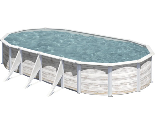 Ensemble de piscine hors sol à paroi en acier Gre ovale 744x575x122 cm avec groupe de filtration à sable, skimmer, échelle et sable de filtration blanc