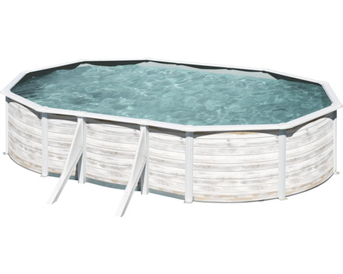 Ensemble de piscine hors sol à paroi en acier Gre ovale 527x500x122 cm avec groupe de filtration à sable, skimmer, échelle et sable de filtration blanc
