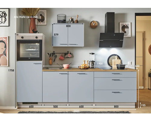 Küchenzeile mit Elektrogeräten und Maßangaben