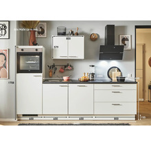 Küchenzeile mit Maßen, bestehend aus Unterschränken, Schubladen, Spüle, Hängeschrank, Backofen und Dunstabzugshaube