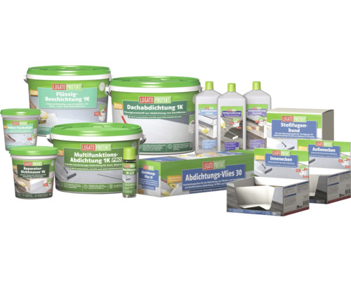 Gamme de produits Lugato Protekt avec revêtement liquide, étanchéité de toiture, étanchéité multifonctionnelle, masse d''étanchéité de réparation, chips décoratifs, voile d''étanchéité et bande de joint de dilatation