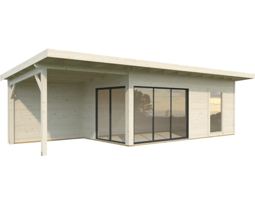 Holz Gartenhaus mit Flachdach, Terrasse und Fenster