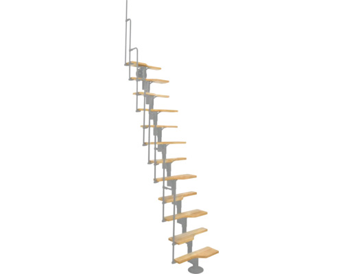 Escalier à limon central escalier de meunier Pertura Eos argent 63 cm garde-corps à barres verticales hêtre bois lamellé-collé vernis 11 marches 12 pas de marche Escalier gain de place avec marches en bois et rampe en métal