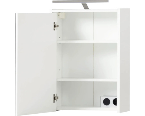Armoire de toilette ouverte blanche avec deux étagères et une lampe