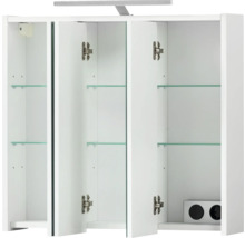 Armoire de toilette blanche ouverte avec étagères en verre et éclairage