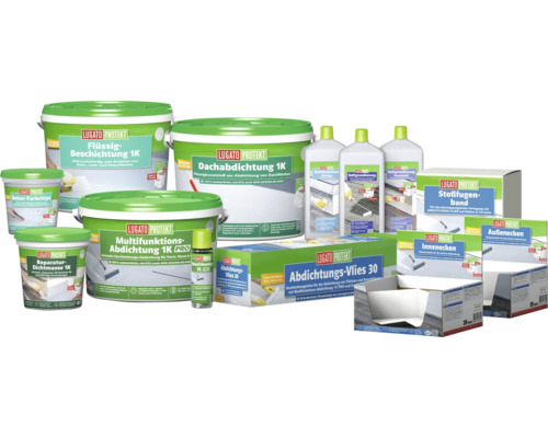 Présentation des produits Lugato Protect avec revêtement liquide, étanchéité de toiture, étanchéité multifonctionnelle, masse d''étanchéité de réparation, copeaux de couleur décoratifs, bande de joint de dilatation et voile d''étanchéité