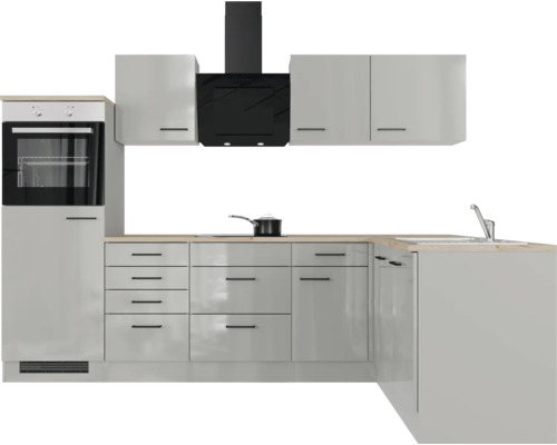 Küchenzeile mit Einbaubackofen, Dunstabzugshaube, Spüle und Schränken