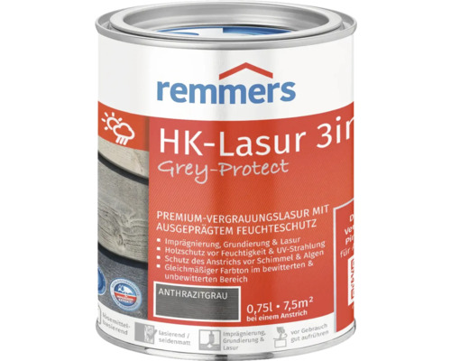 Lasure HK Remmers grey protect gris anthracite 750 ml Remmers HK-Lasur 3en1 Grey-Protect lasure pour bois, boîte de 0,75 litre