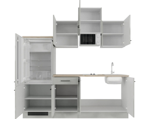 Cuisine équipée avec évier, réfrigérateur et micro-ondes