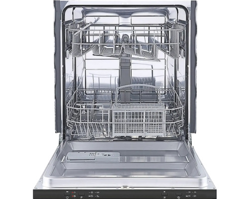 Offener Geschirrspüler mit zwei Körben und Besteckkorb