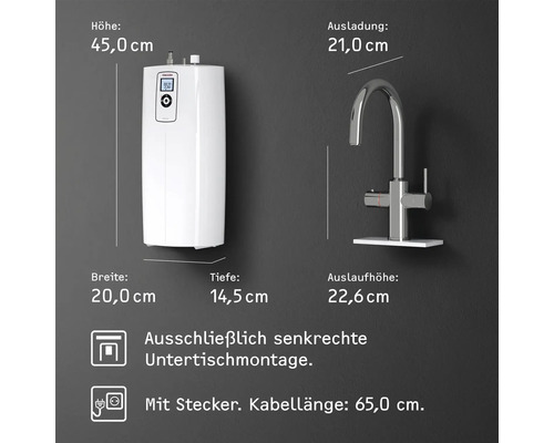 Warmwasserbereiter mit Wasserhahn und Maßangaben.
