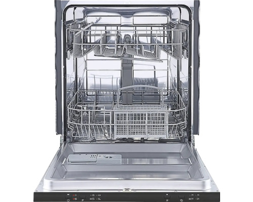 Geöffneter Geschirrspüler mit Besteckkorb und Geschirrkörben