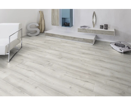 Espace de vie lumineux avec sol stratifié, canapé, étagère et décoration