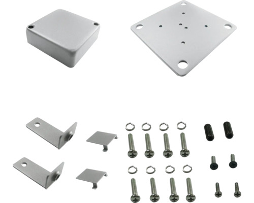 Accessoires de montage pour caméra dôme, comprenant une boîte de raccordement, une plaque de montage, des équerres, des couvercles, des vis et des rondelles.