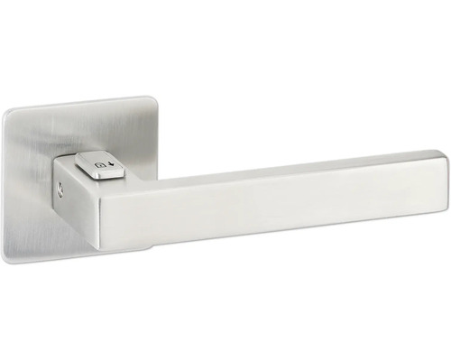 Drückerpaar Hermat West Fastlock auf flacher Rosette eckig DIN links Edelstahl matt Türdrücker mit Vierkantrosette und Riegelanzeige