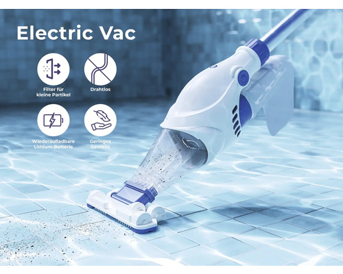 Akkusauger für die Poolreinigung mit Filter für kleine Partikel, kabelloser Betrieb, wiederaufladbarer Lithium-Batterie und geringem Gewicht.