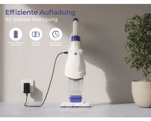 Akkusauger mit Ladestation und Informationen zur Akkulaufzeit