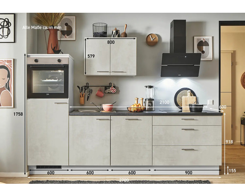 Cuisine avec évier, cuisinière, hotte et élément haut avec dimensions