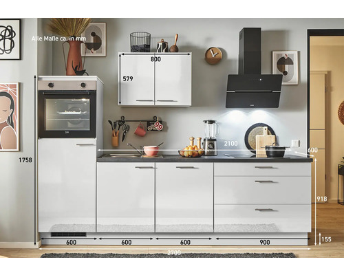 Küchenzeile mit Elektrogeräten und Maßangaben