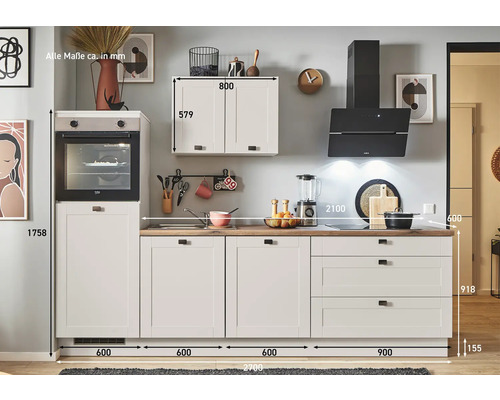 Küchenzeile mit Schränken, Schubladen und Elektrogeräten mit Maßangaben