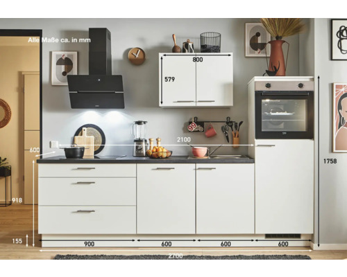 Küchenzeile mit Unterschränken, Hängeschrank, Dunstabzugshaube und Backofen mit Maßangaben