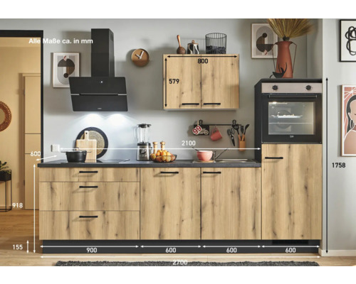 Komplette Küche mit Einbaubackofen, Dunstabzugshaube, Hängeschrank und Spüle