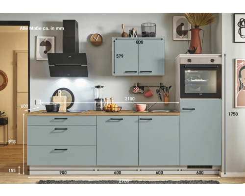 Cuisine équipée avec élément haut, hotte aspirante et four, avec indications de dimensions