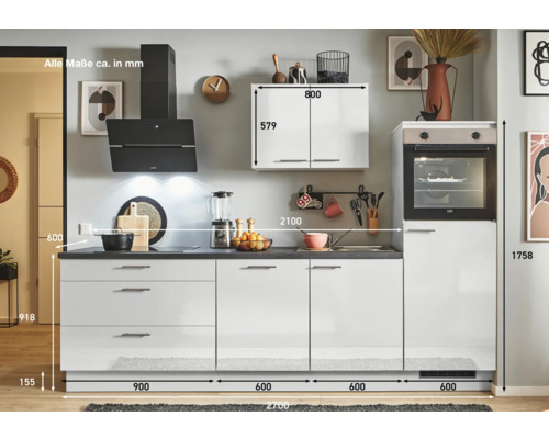 Komplette Küche mit Dunstabzugshaube, Hängeschrank und Einbaubackofen