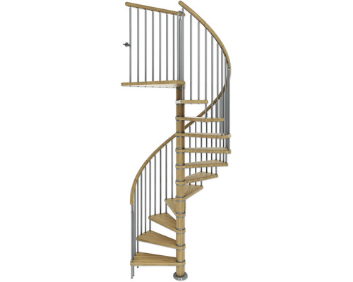 Escalier en colimaçon en bois avec garde-corps en acier