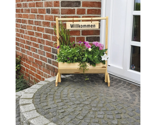 Bac à fleurs «Willkommen» en bois 59 x 30 x 73 cm naturel