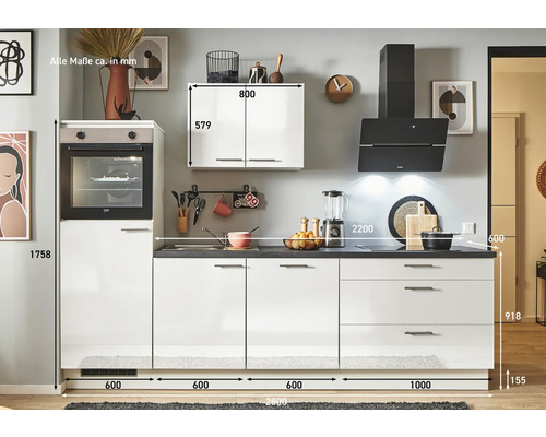 Cuisine équipée avec four intégré, armoire suspendue et hotte aspirante avec dimensions