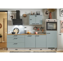Komplette Küche mit Unterschränken, Hängeschrank, Spüle, Dunstabzugshaube und Einbaubackofen mit Maßangaben
