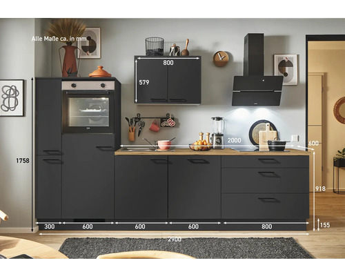 Cuisine complète avec appareils électriques, plan de travail aspect bois et dimensions