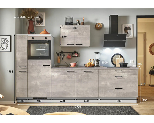 Küchenzeile mit Elektrogeräten und Maßangaben