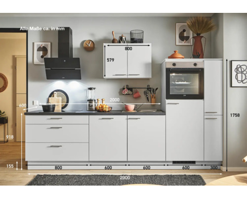 Küchenzeile mit Elektrogeräten und Maßangaben