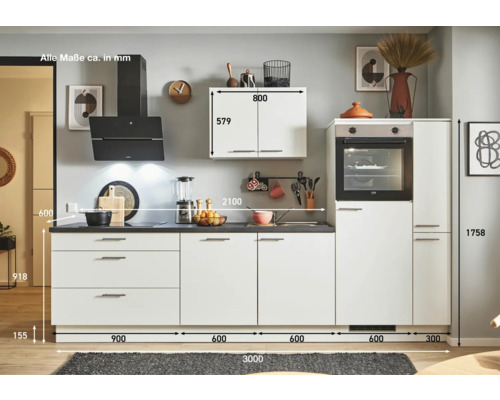 Komplette Küche mit Hängeschrank, Dunstabzugshaube und Backofen mit Maßangaben