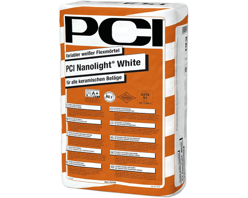 Mortier flex variable léger PCI Nanolight® pour mosaïque de verre et carrelage en verre blanc C2TE-S1 15 kg Mortier-colle flexible blanc PCI Nanolight White pour tous revêtements céramiques