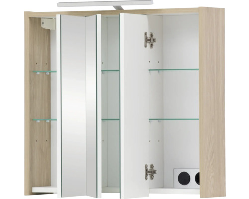 Offener Spiegelschrank mit Glasablagen und Beleuchtung