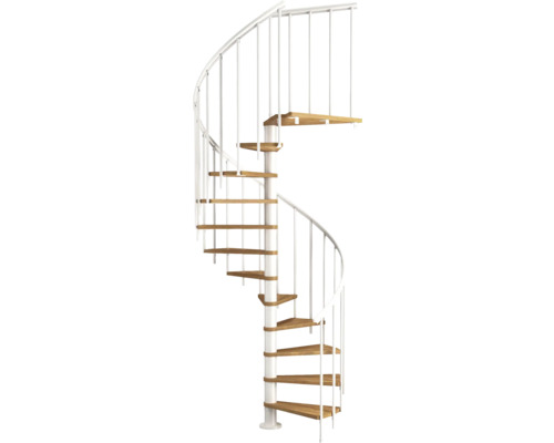 Escalier en colimaçon avec marches en bois et rampe blanche