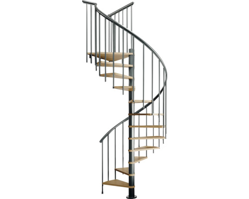 Escalier en colimaçon avec rampe en métal et marches en bois