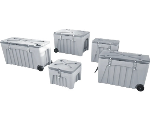 Mehrere Transportboxen aus Kunststoff mit Deckel und Verschlüssen.