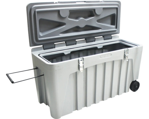 Geöffnete graue Werkzeugkiste mit Griff und Rollen für den Transport